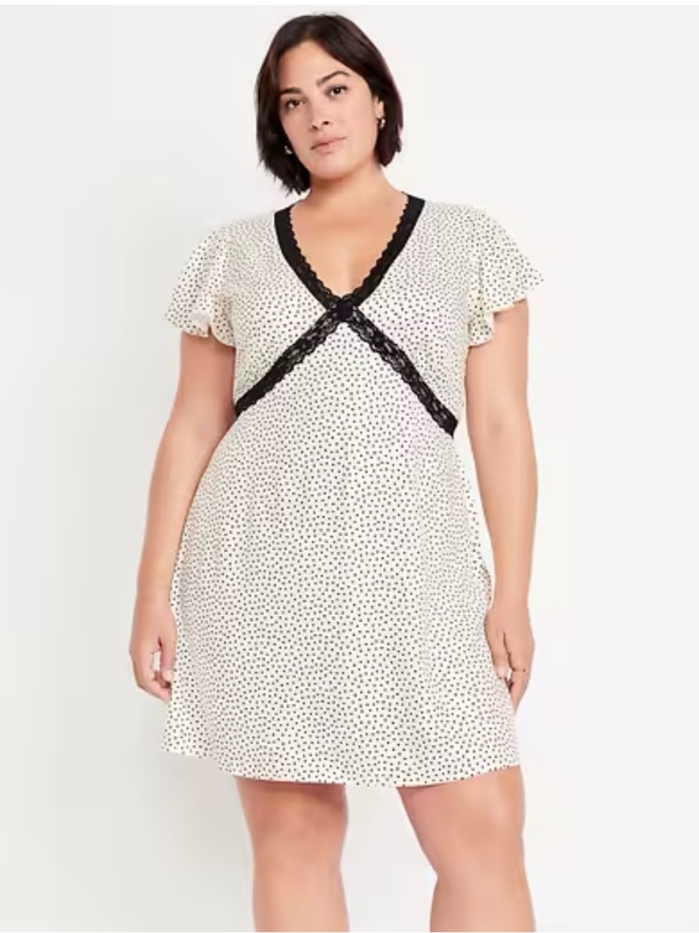 Old Navy Fit & Flare Crepe Lace-Trim Mini Dress - Cream & Black Dot Size XL-Tall